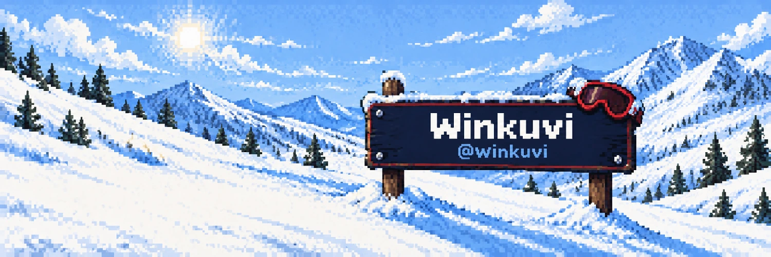Winkuvi pixel snowy mountains, @winkuvi sign and red ski goggles